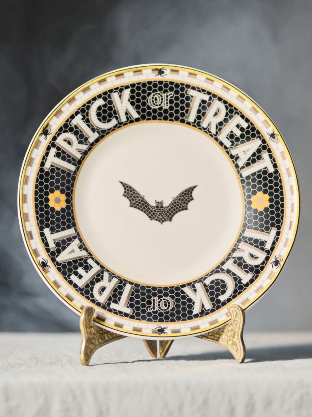 Anthropologie Bistro Tile Gold "Trick or Treat" Halloween Dinner Plate